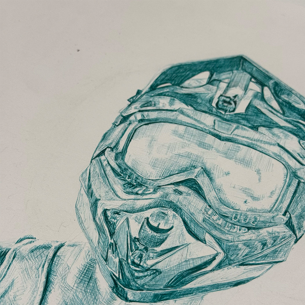 Detail of Jada Coburn Boy In The Desert green Bic pen linework