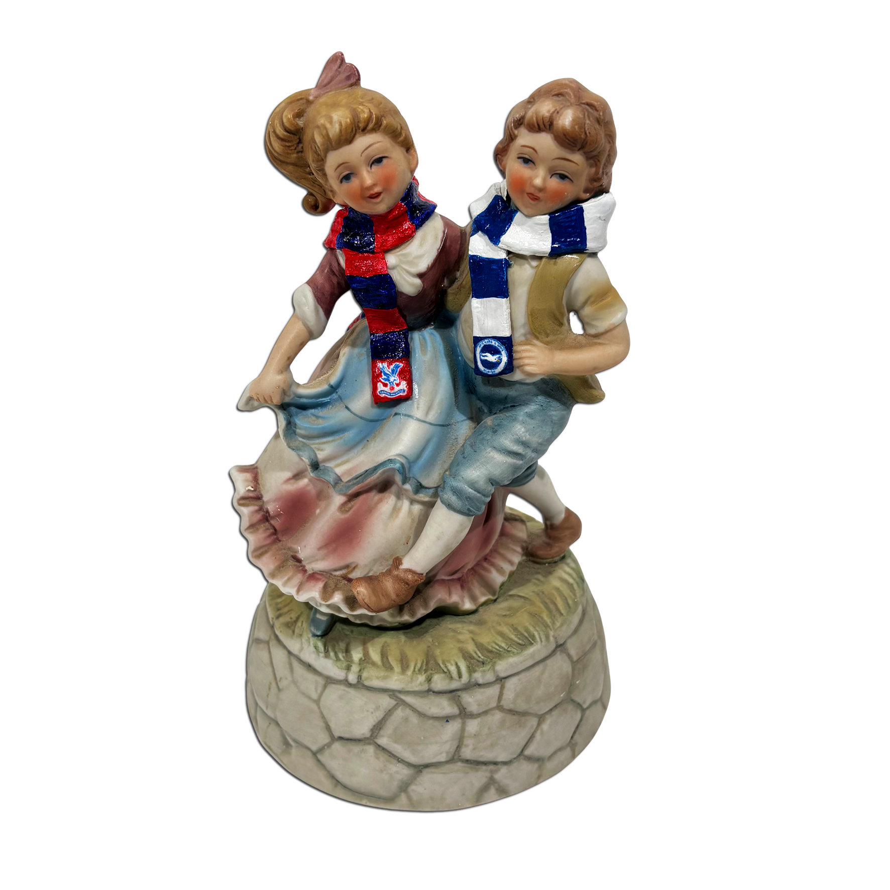 Haus of Lucy – Opposites Attract: Crystal Palace & Brighton Hove Albion, 2025, ceramic and polymer clay sculpture.