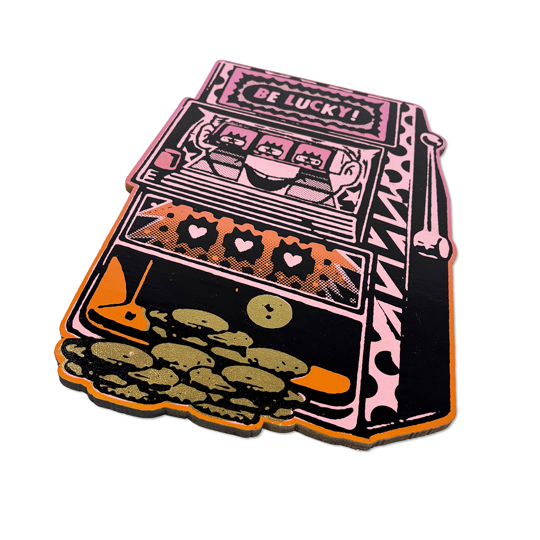 Handmade screenprint on wood by Ben Rider with bold, vibrant colours.