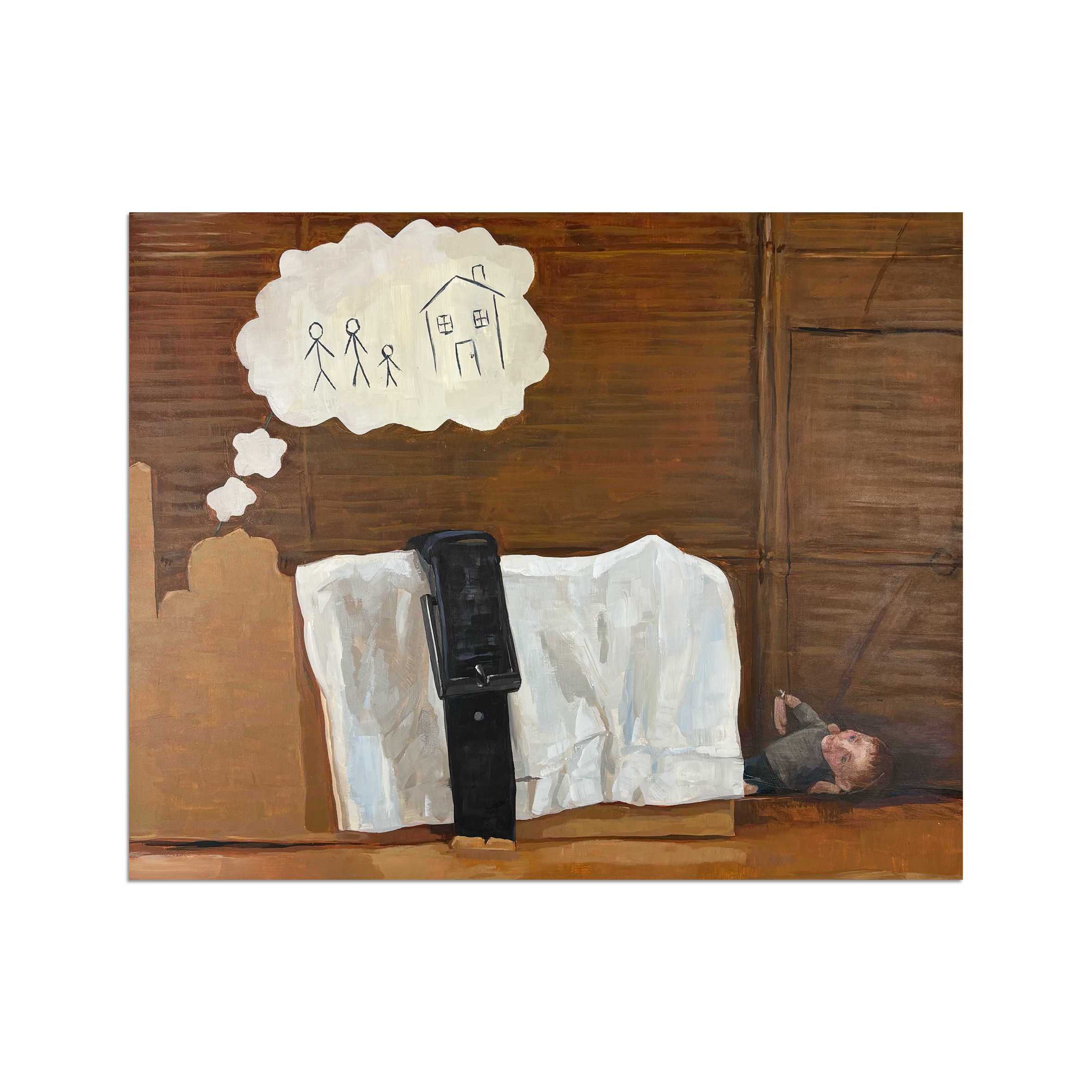 Dangerous Dreams acrylic on gessoboard by Tom Mead, 2025, exhibited at real art school birthday week, Camden Open Air Gallery