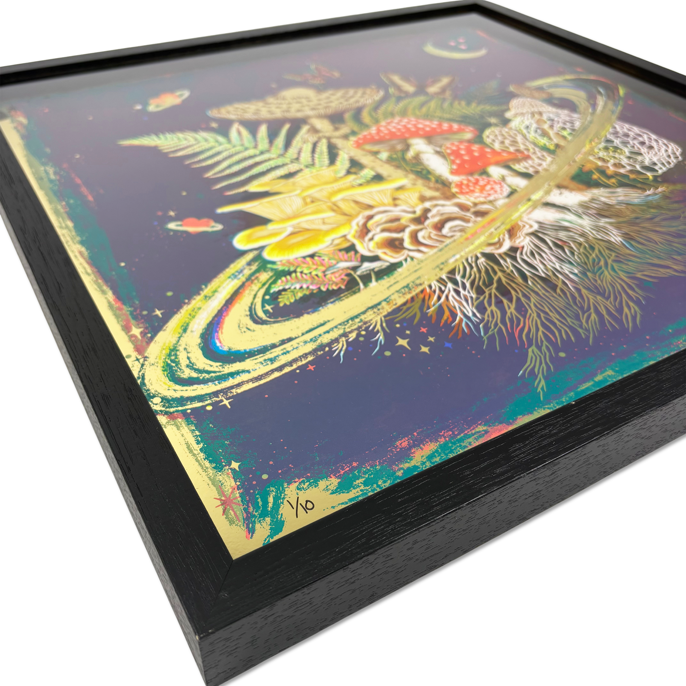 Reflective screen print artwork by Kath Leone featuring plants, fungi, and insects.