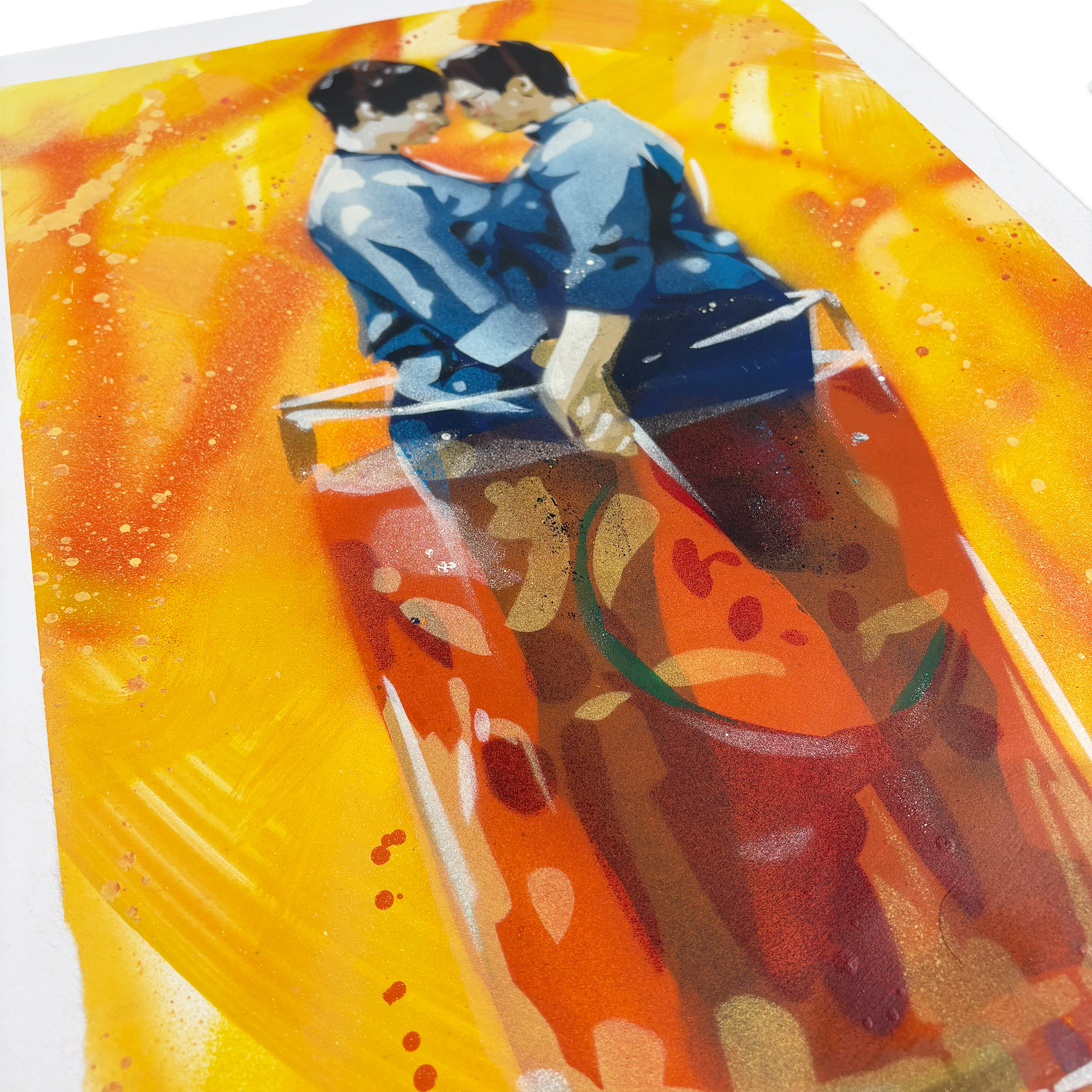 Spray paint artwork capturing intimate connection by Rice