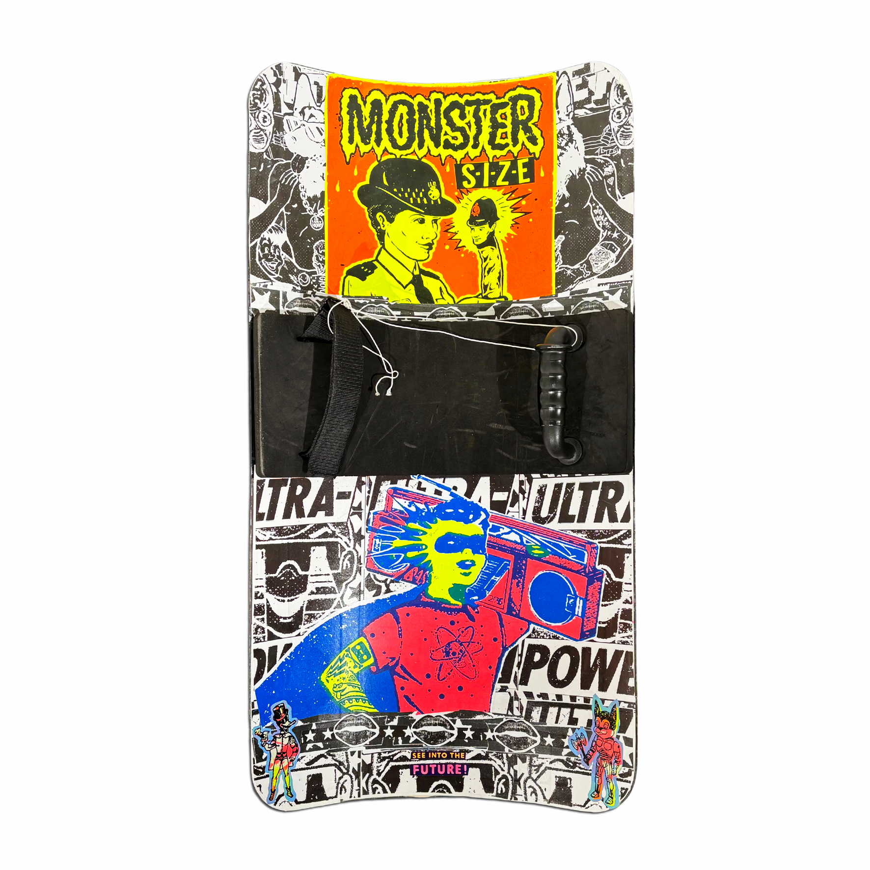 Bold mixed-media artwork by London artist Ben Rider on riot shield