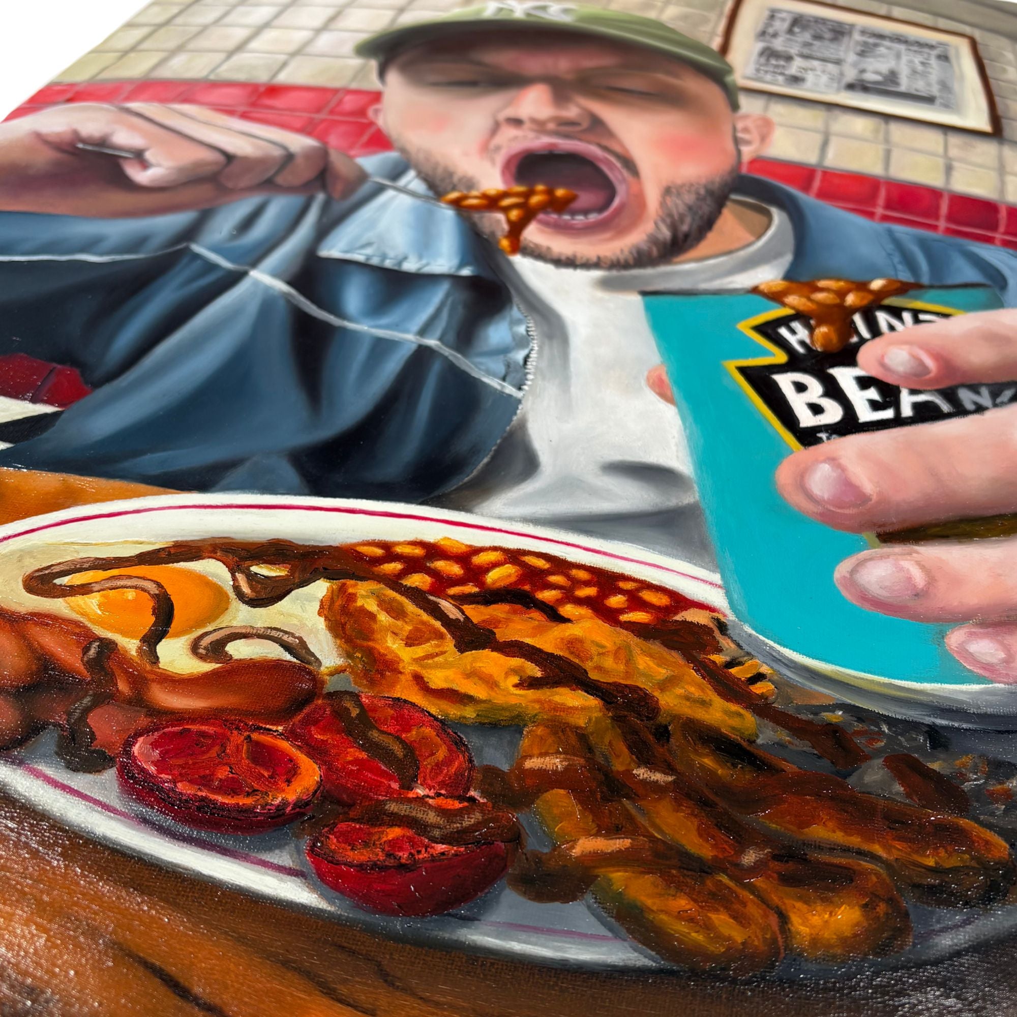 Close-up of brushwork and texture in Ben Talbot’s Tin O’Beanz, 2025