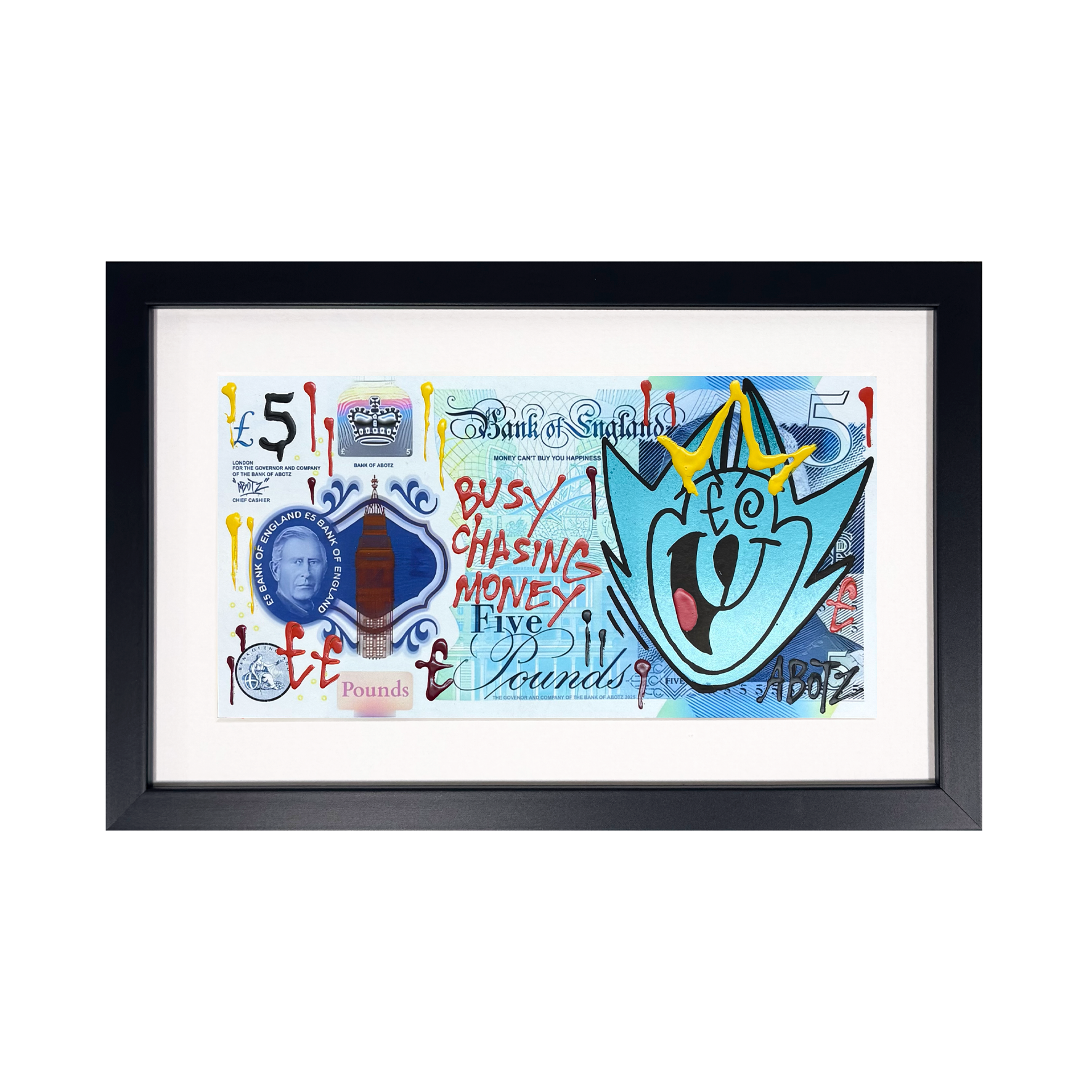 Abotz – £5 Charles Small, 2025, acrylic and spray paint on giclée print, framed.