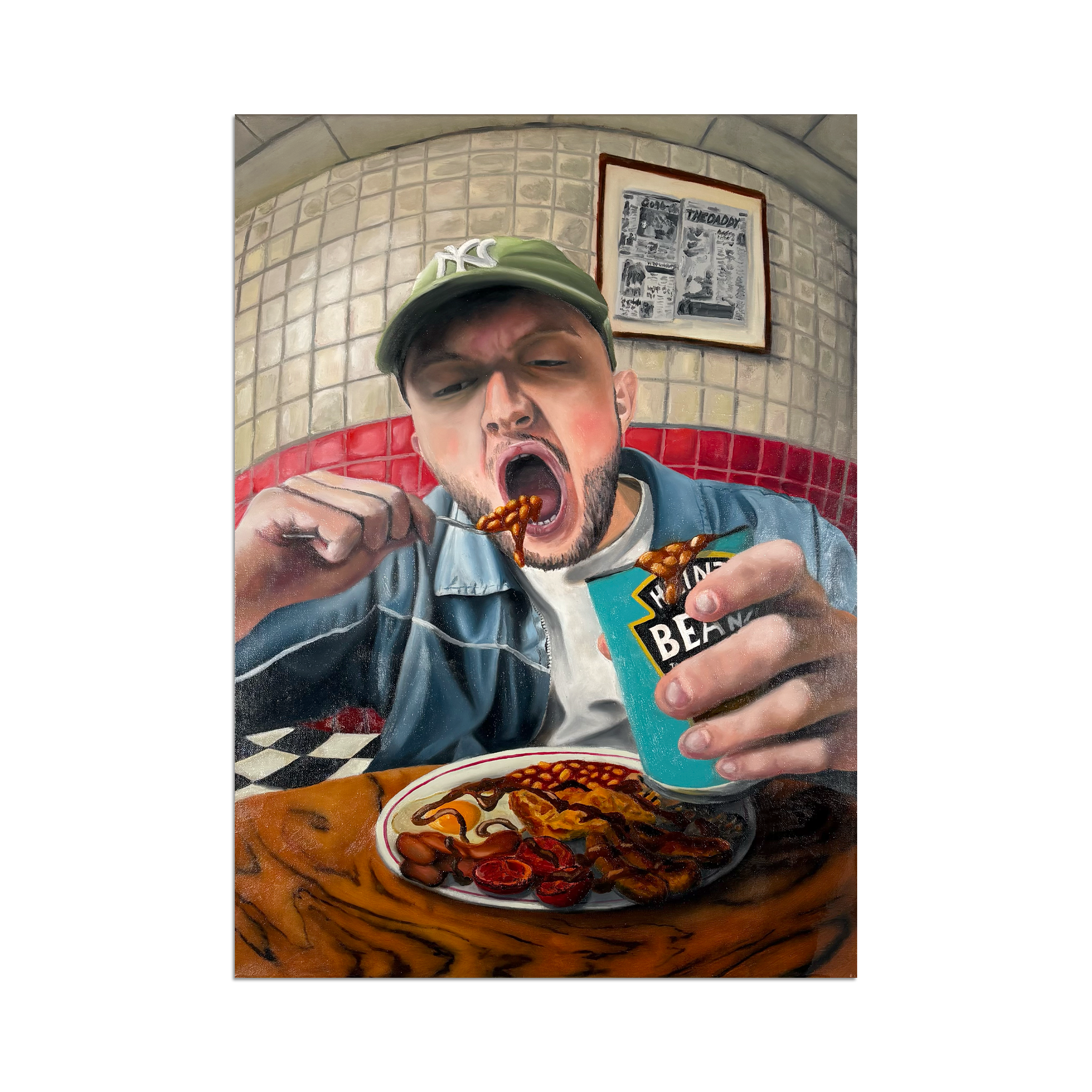 Tin O’Beanz oil on canvas by Ben Talbot, 2025, exhibited at real art school birthday week, Camden Open Air Gallery