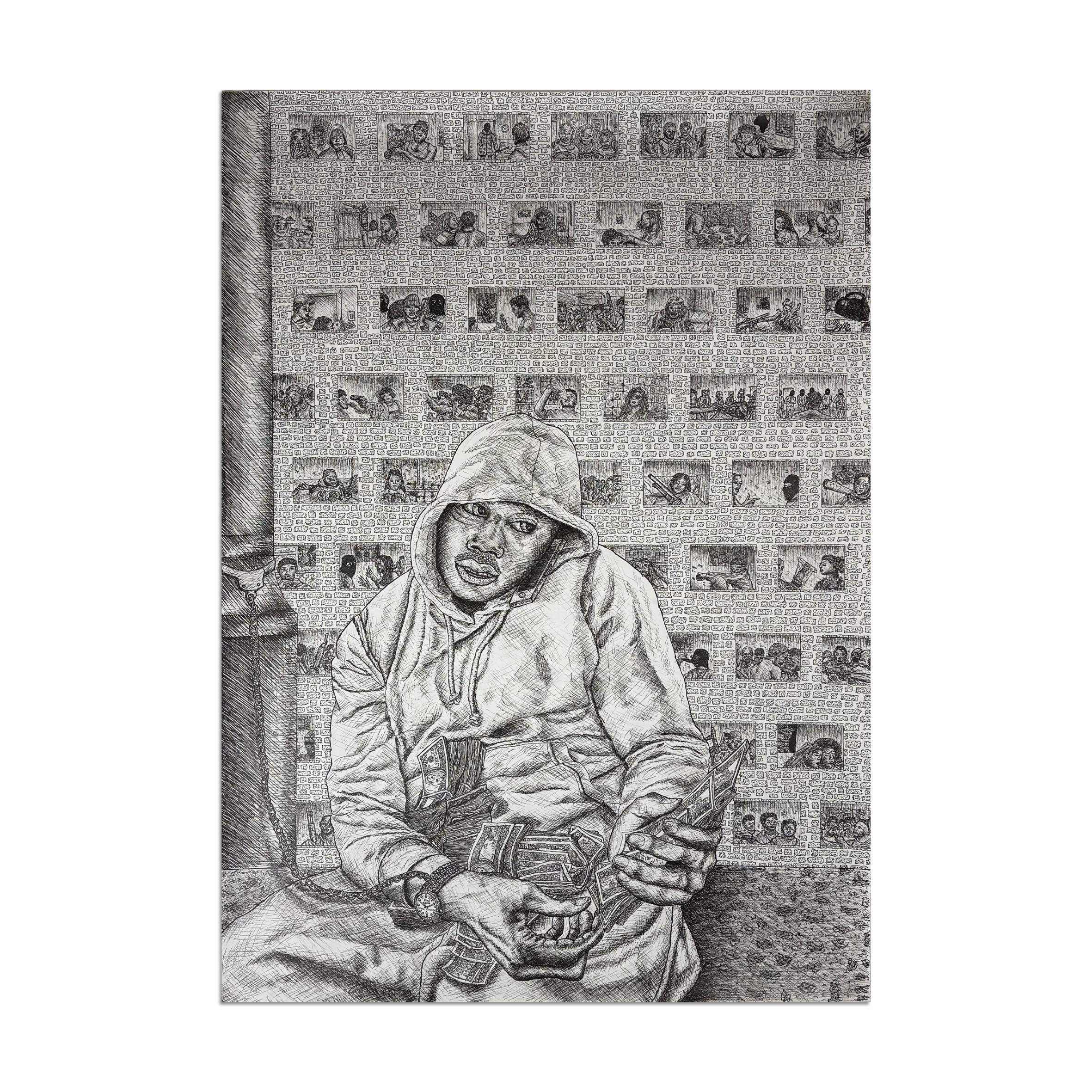 Nappy Braids fine liner drawing by Leo Sioufi, 59.4x84.1cm, 2024, exhibited at real art school birthday week, Camden Open Air Gallery