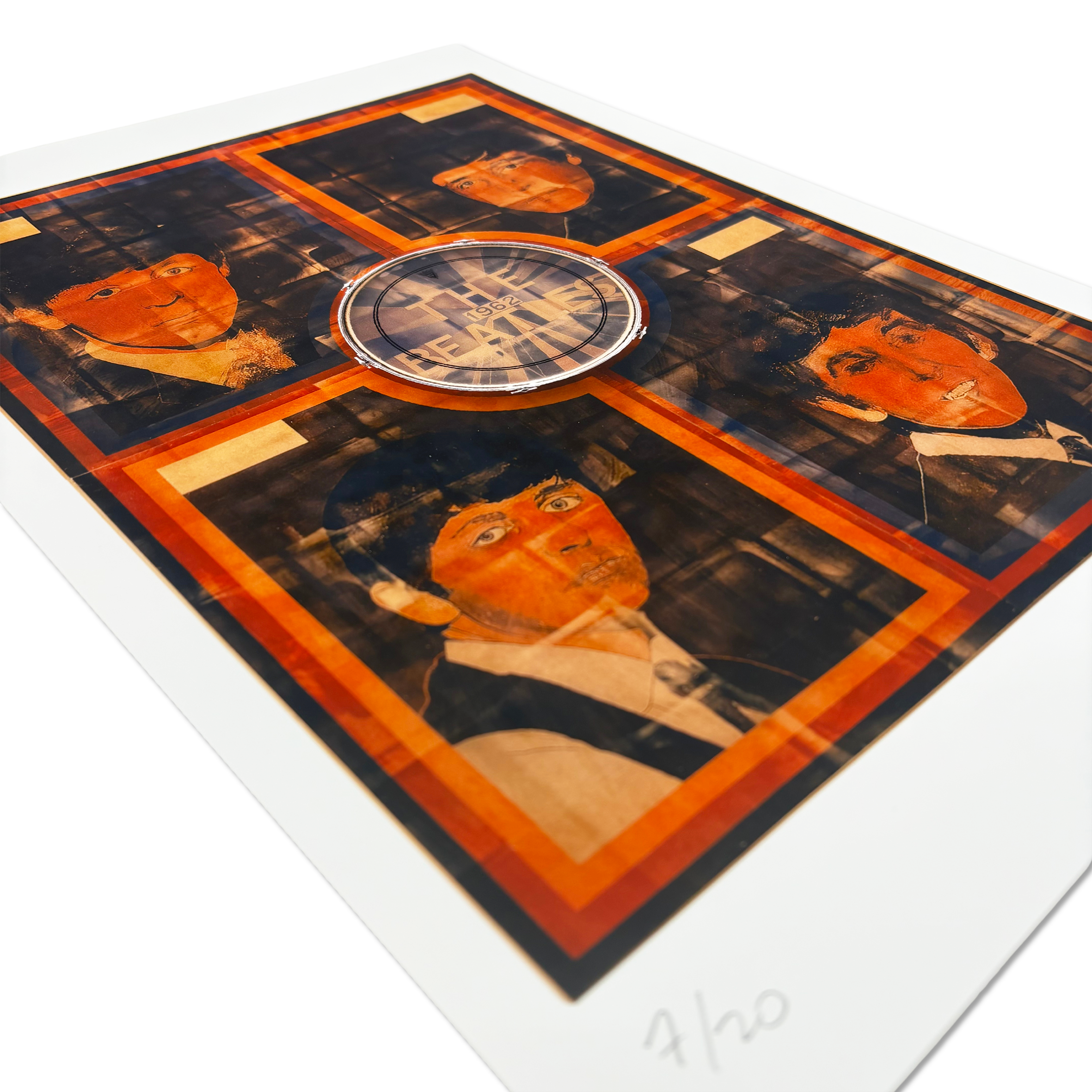 Close-up of The Beatles 1962 print by British artist Mitch Vowels