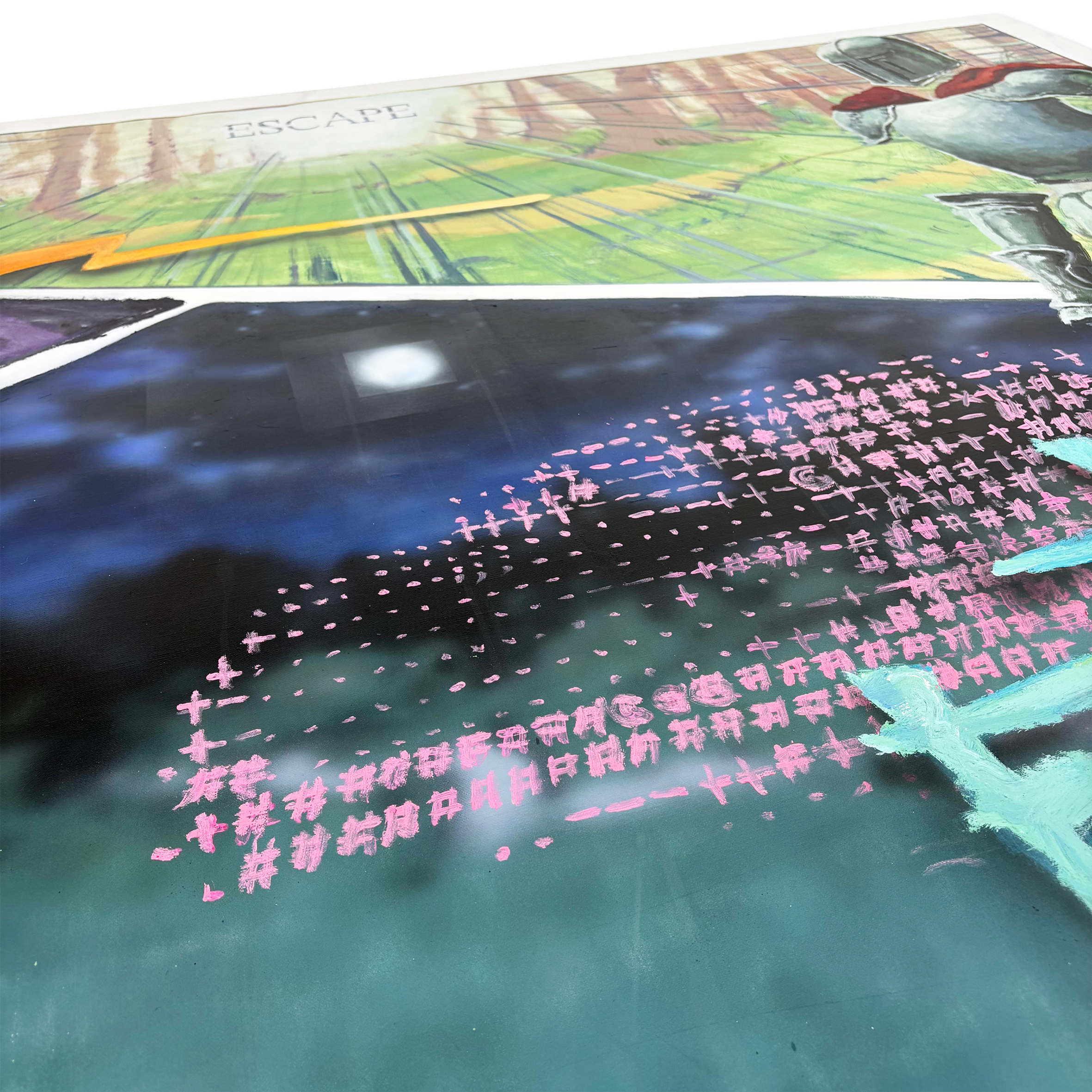 Close-up of textures and narrative detail in Chao Feng’s 2025 acrylic painting
