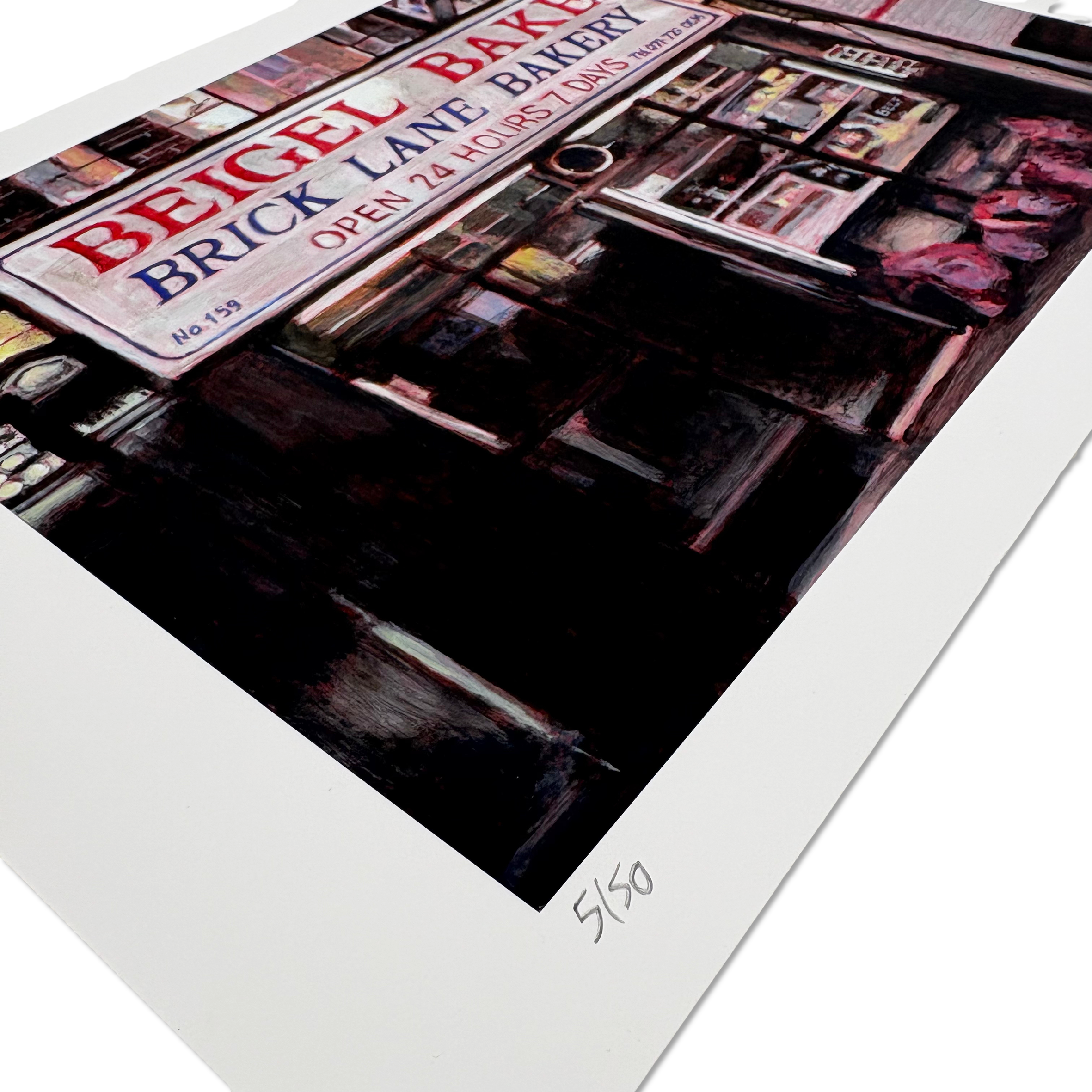 Signed limited edition print by Michelle Heron featuring iconic shop front Beigel Bake.