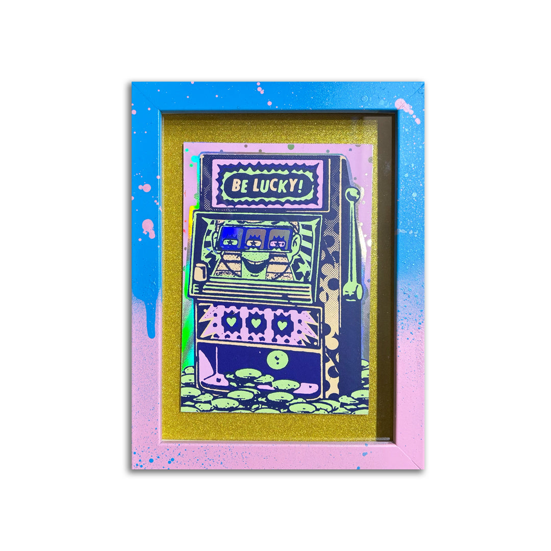 Be Lucky by Ben Rider screen print on found phone box sex cards in custom frame, 2026