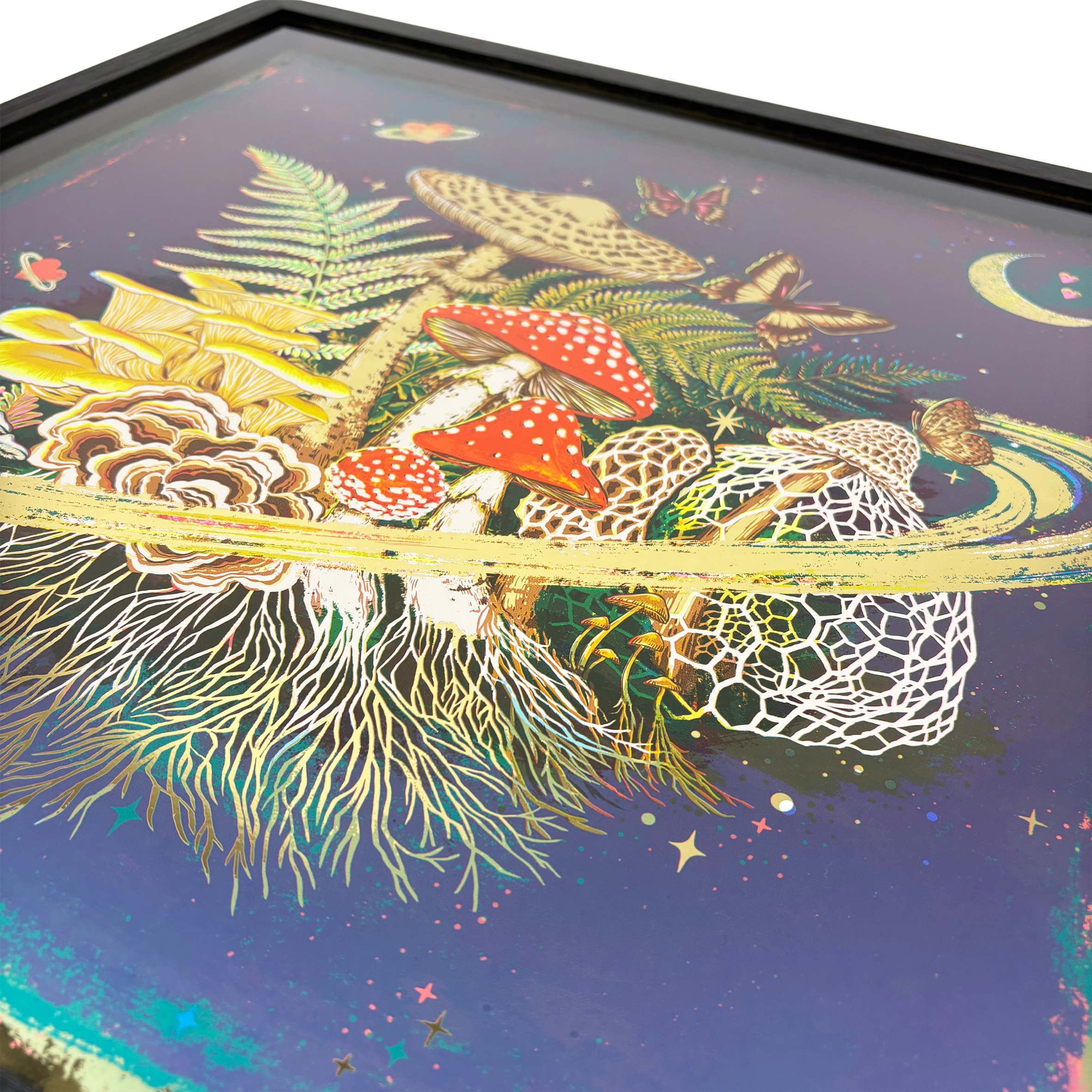 Limited edition 2024 screen print Planet O' Loveshrooms Gold by London artist Kath Leone.