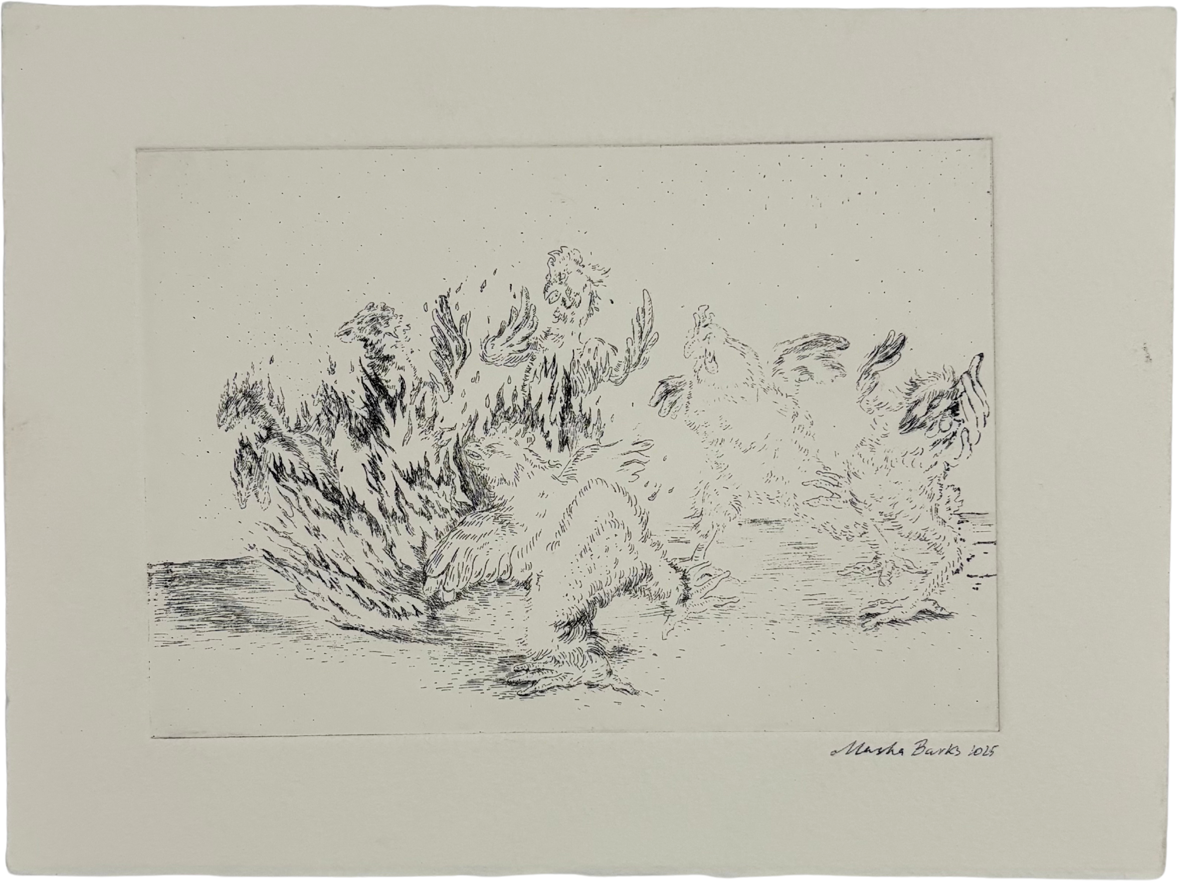 Masha Barks Chicken Run etching on zinc plate – Camden Open Air Gallery