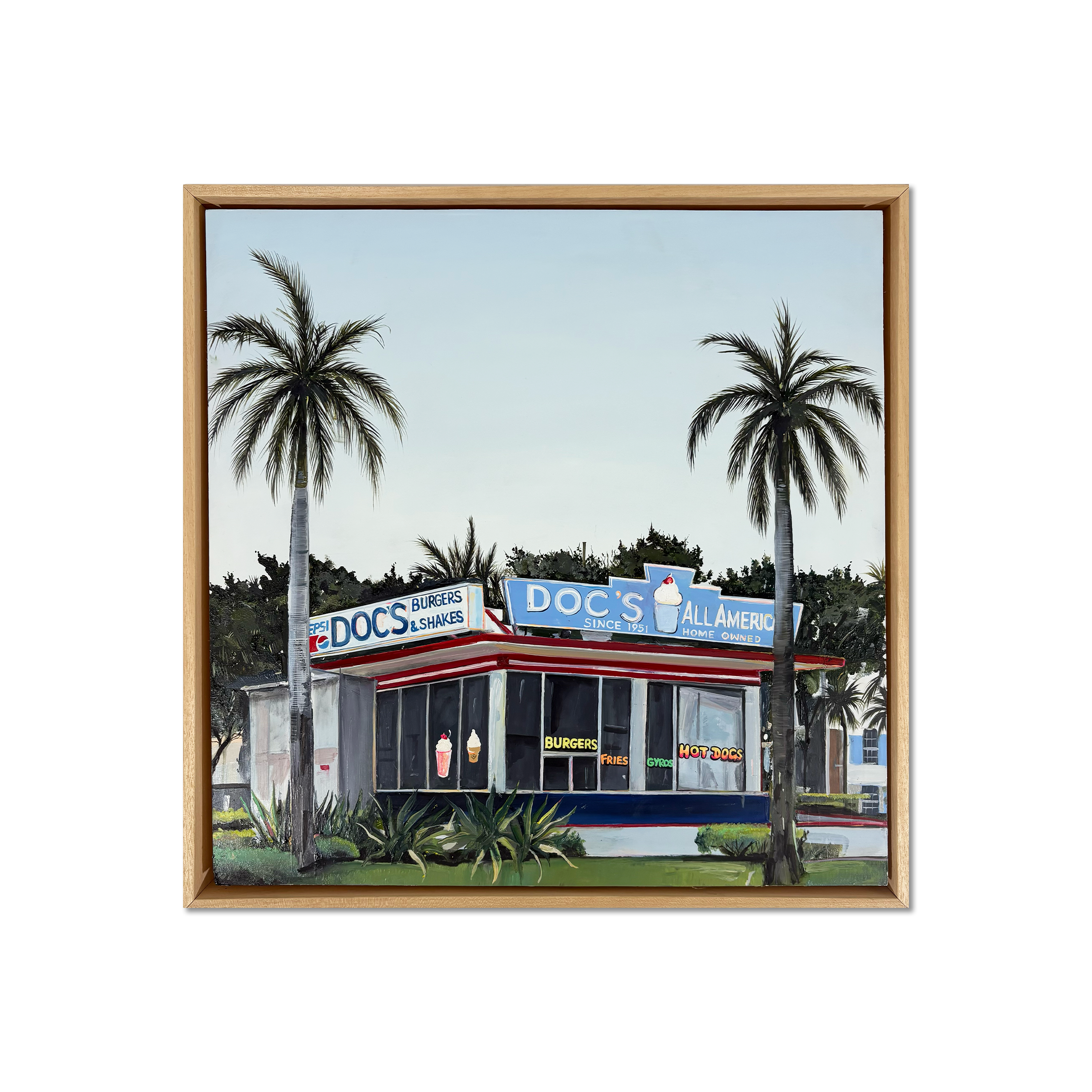 Emma Loizides – Doc's Diner, original oil on wooden panel, oak framed.