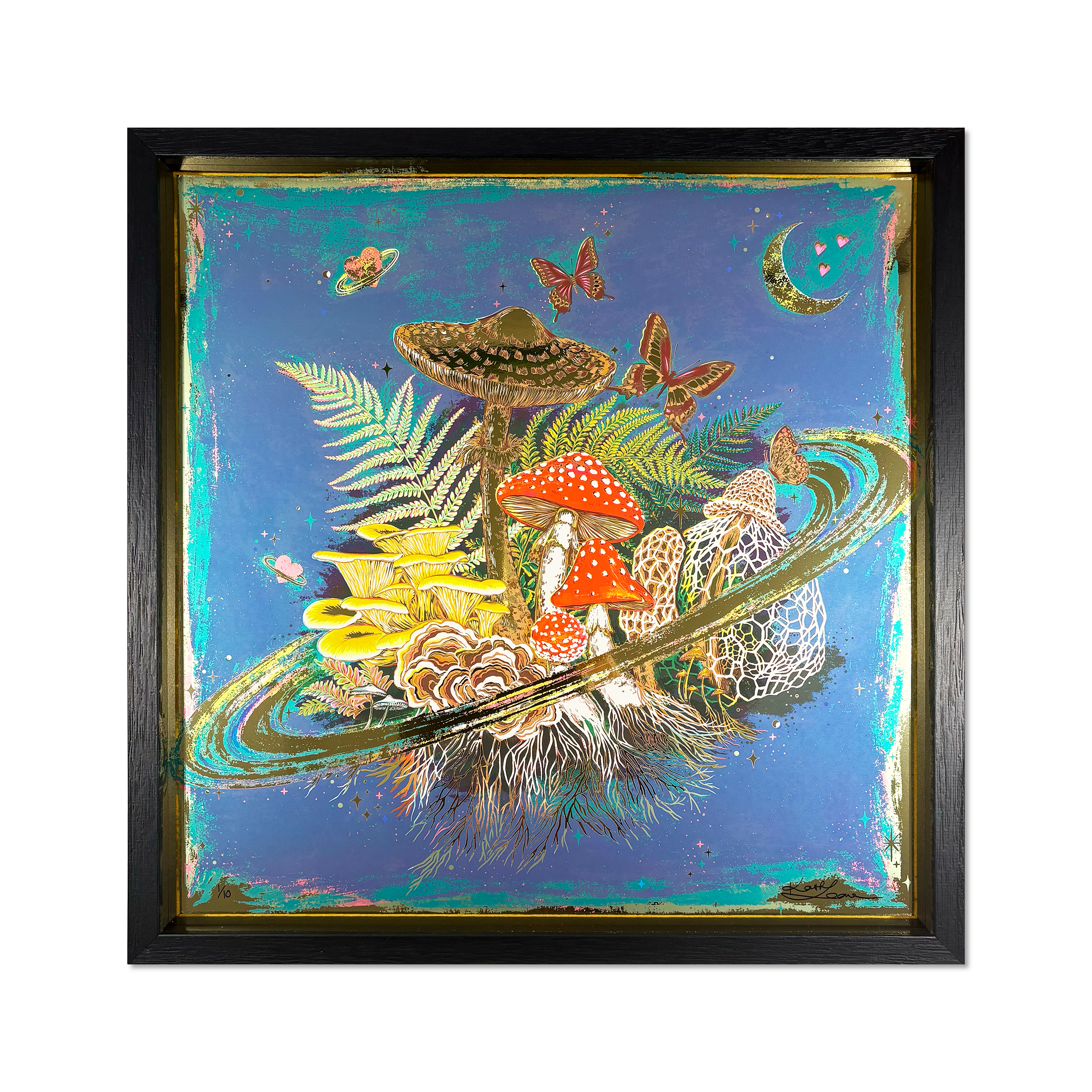 Kath Leone – Planet O' Loveshrooms Gold, limited edition screen print on gold mirror card.