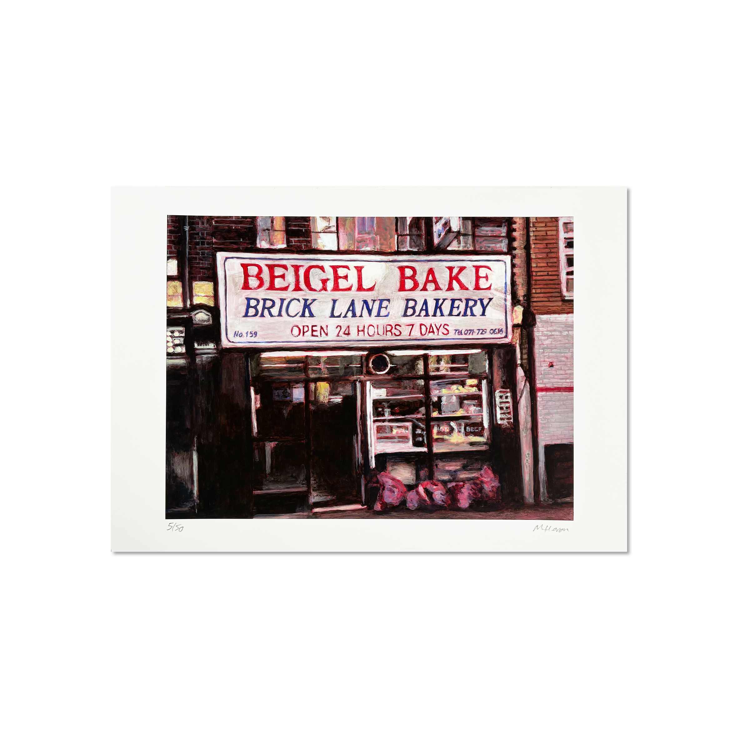 Michelle Heron – Beigel Bake, limited edition giclée print of London high street scene.