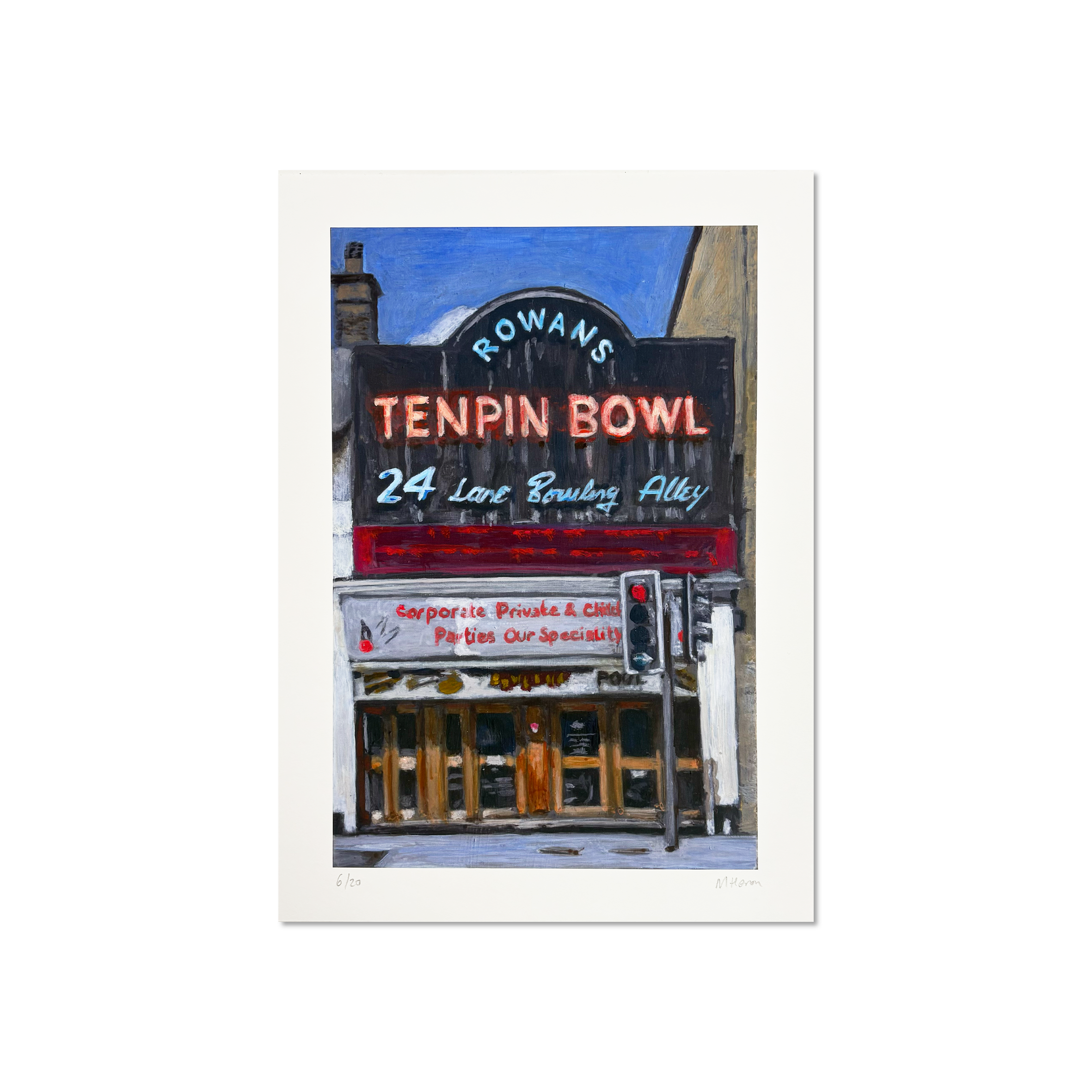 Michelle Heron – Rowans Tenpin Bowl, limited edition giclée print of London bowling alley.