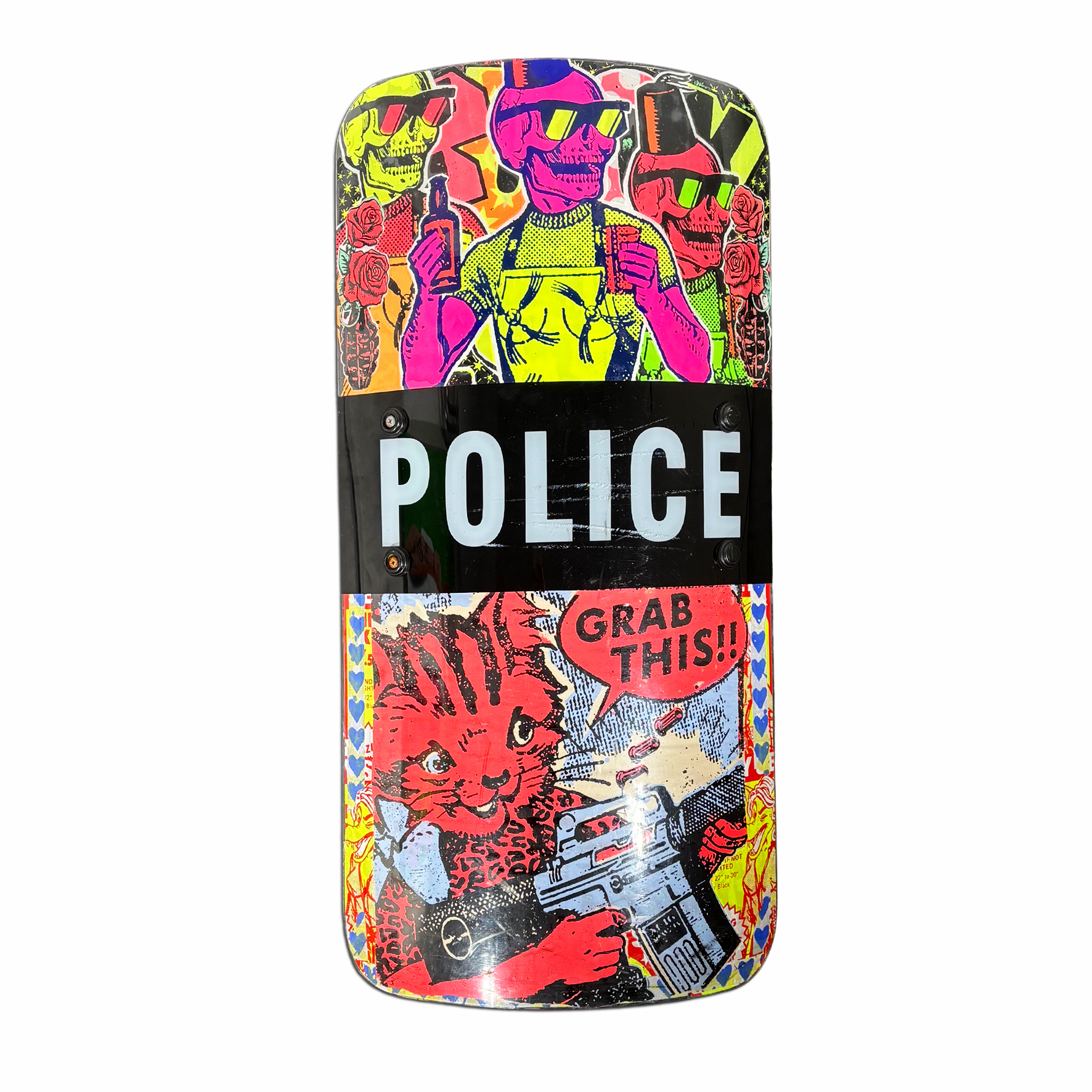 Ben Rider – Run Riot, screenprint paste-ups on riot shield, 2025