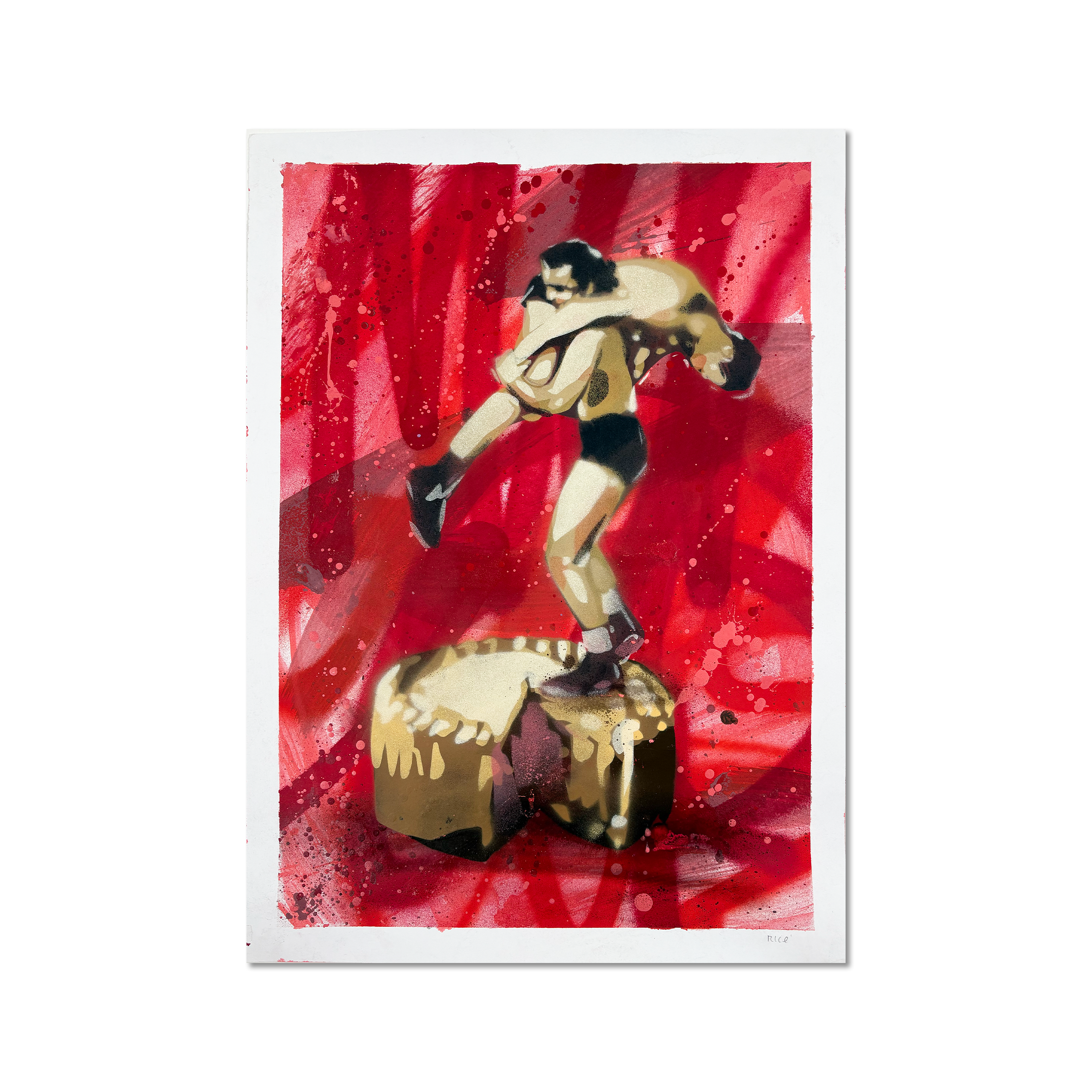 Rice spray paint artwork “Pork Pie / The Fight” front view