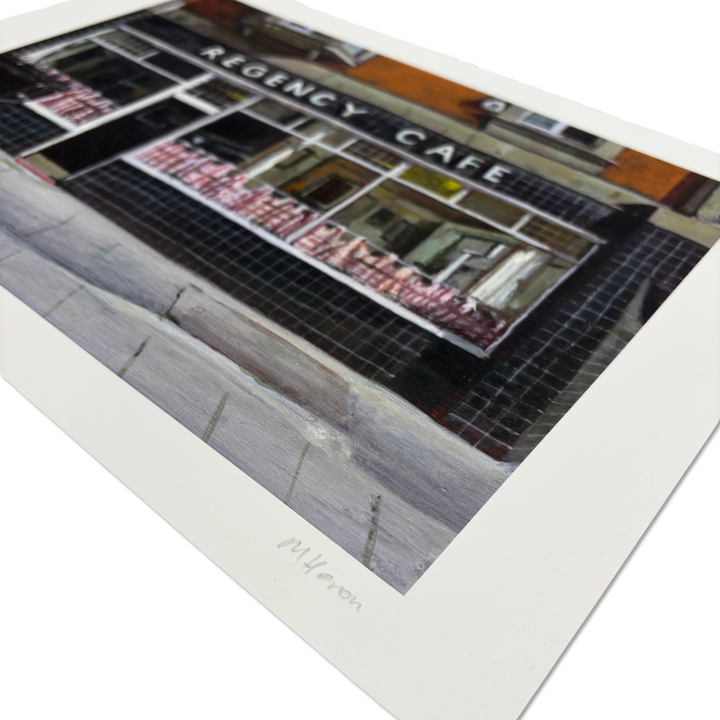 British high street-inspired giclée print Regency Cafe by Michelle Heron.