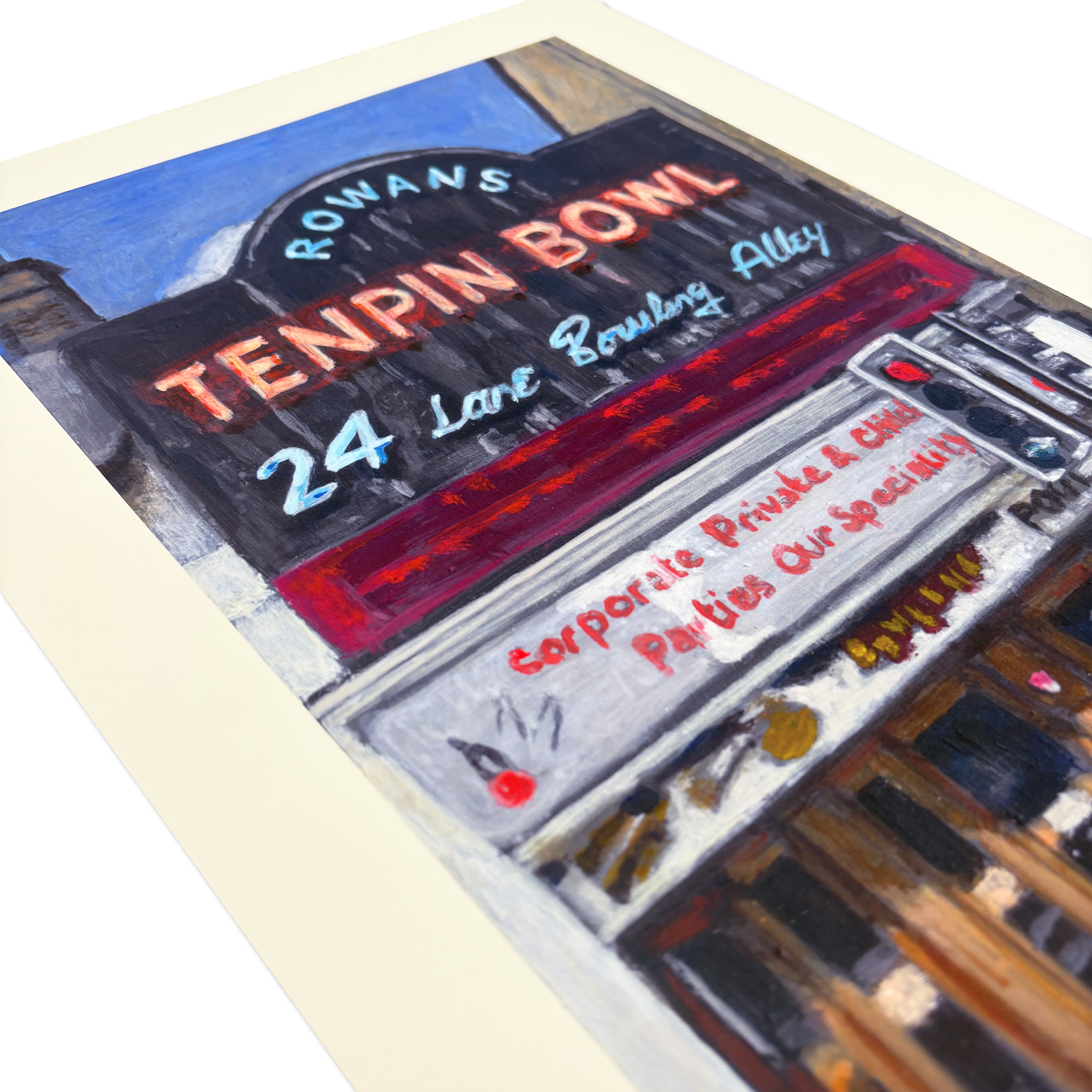 Signed limited edition print by Michelle Heron featuring Rowans Tenpin Bowl shop front.