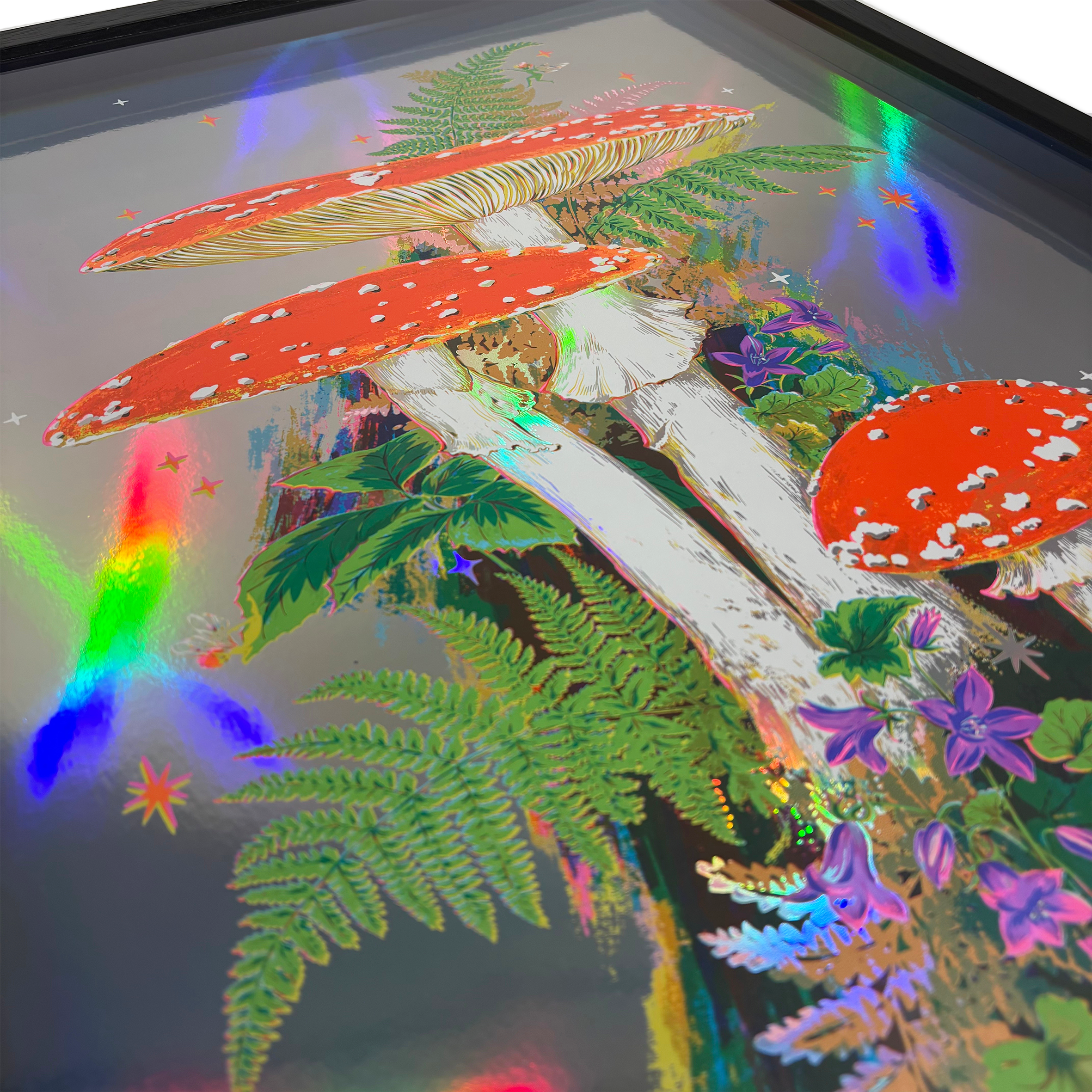 Reflective holographic mirror card screen print by Kath Leone titled So Fly.
