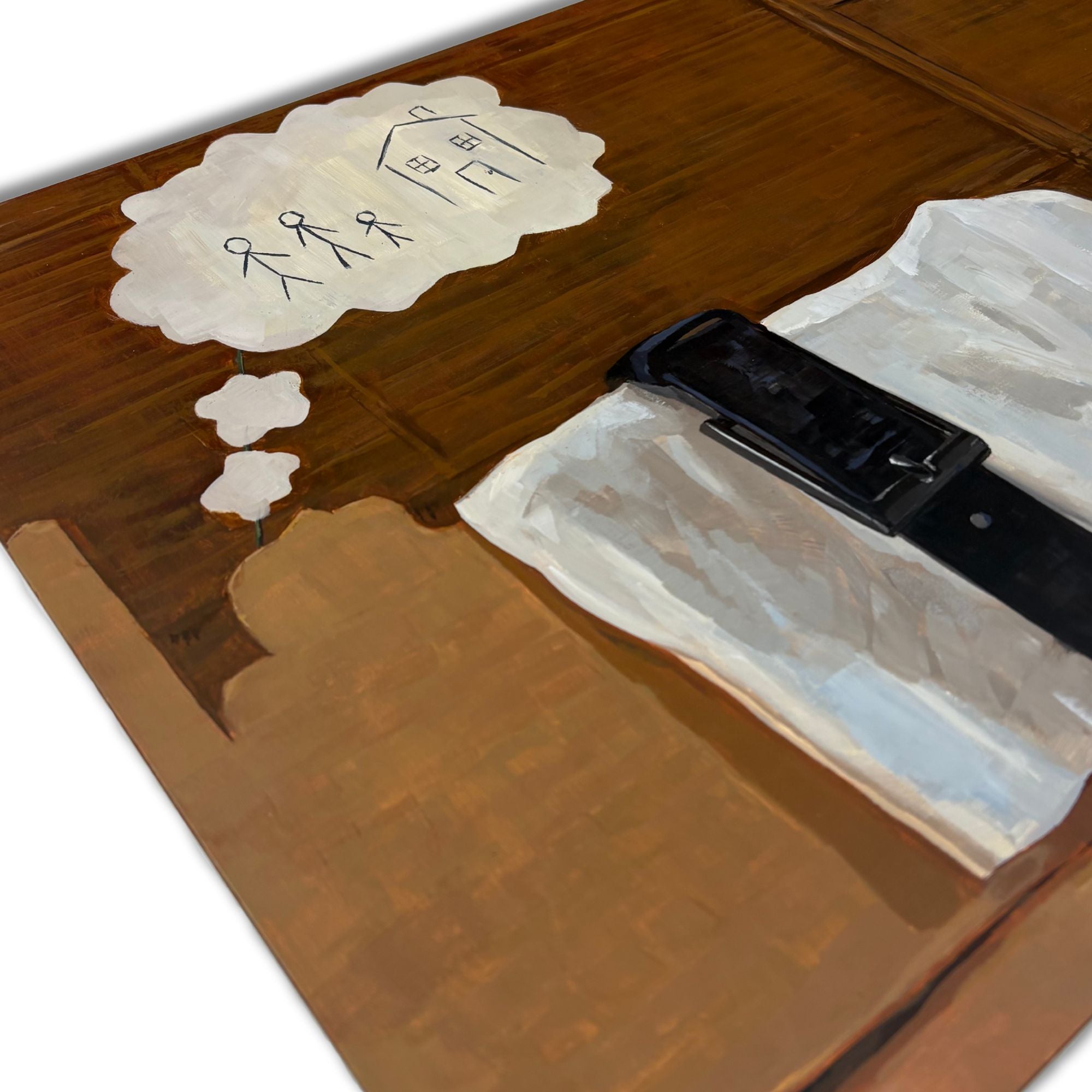 Close-up of brushwork and texture in Tom Mead’s Dangerous Dreams, acrylic on gessoboard