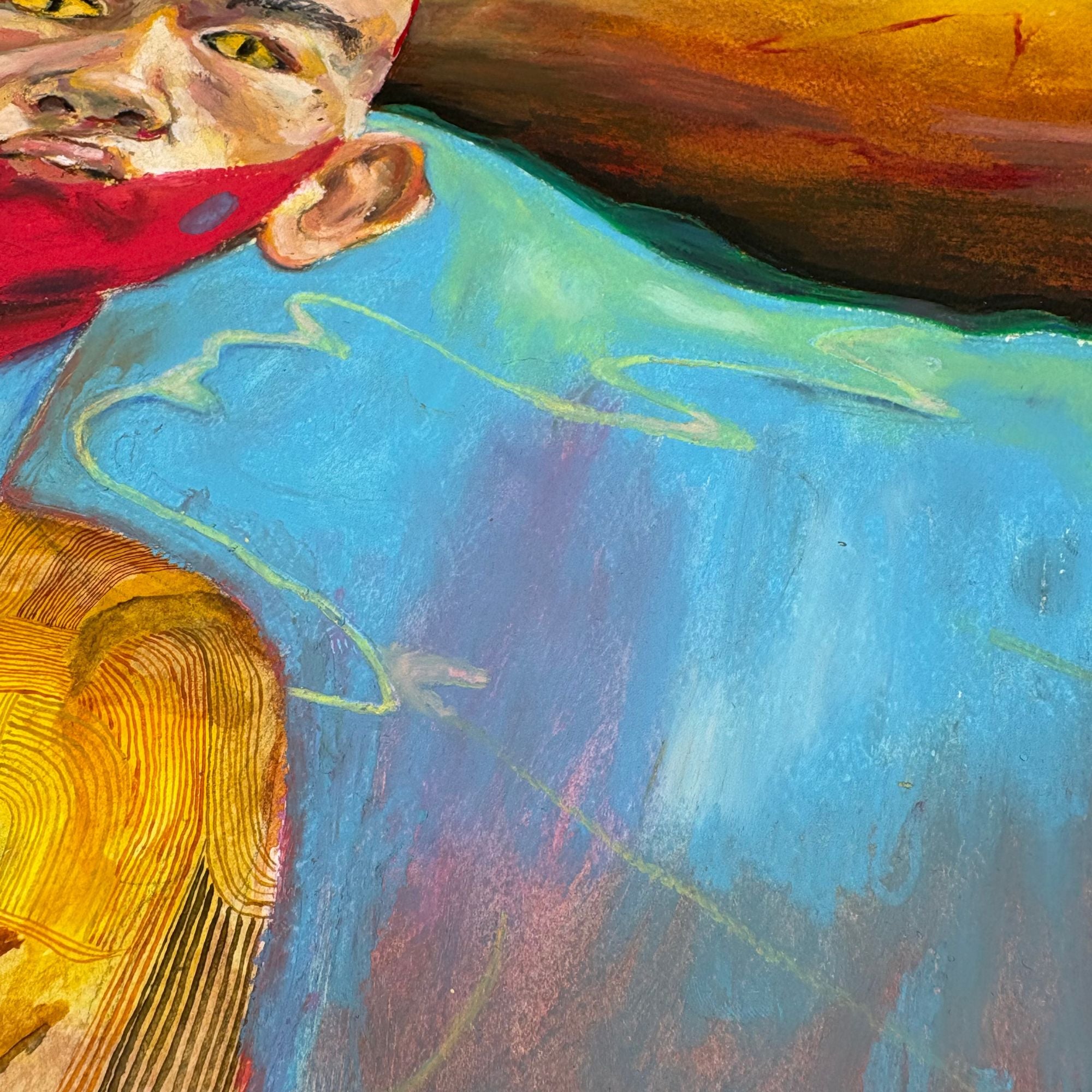 Close-up of watercolour and oil pastel textures in Adaure Amaeshi’s Valley of the shadow of death
