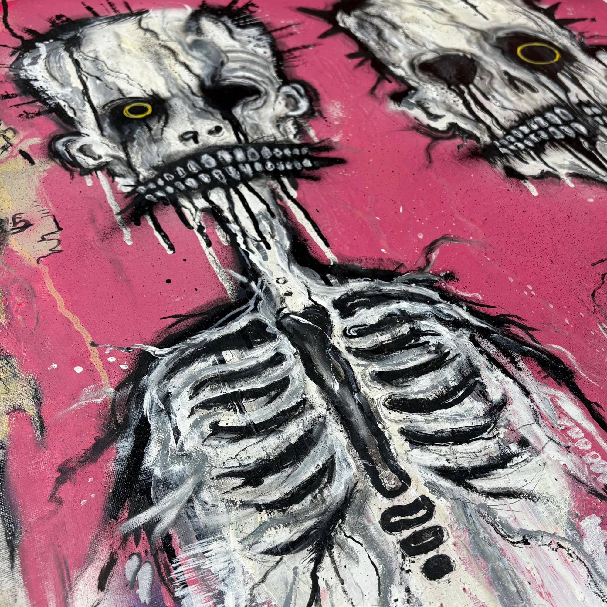 Close-up detail of layered spray paint and acrylic in Ghosts in my Room
