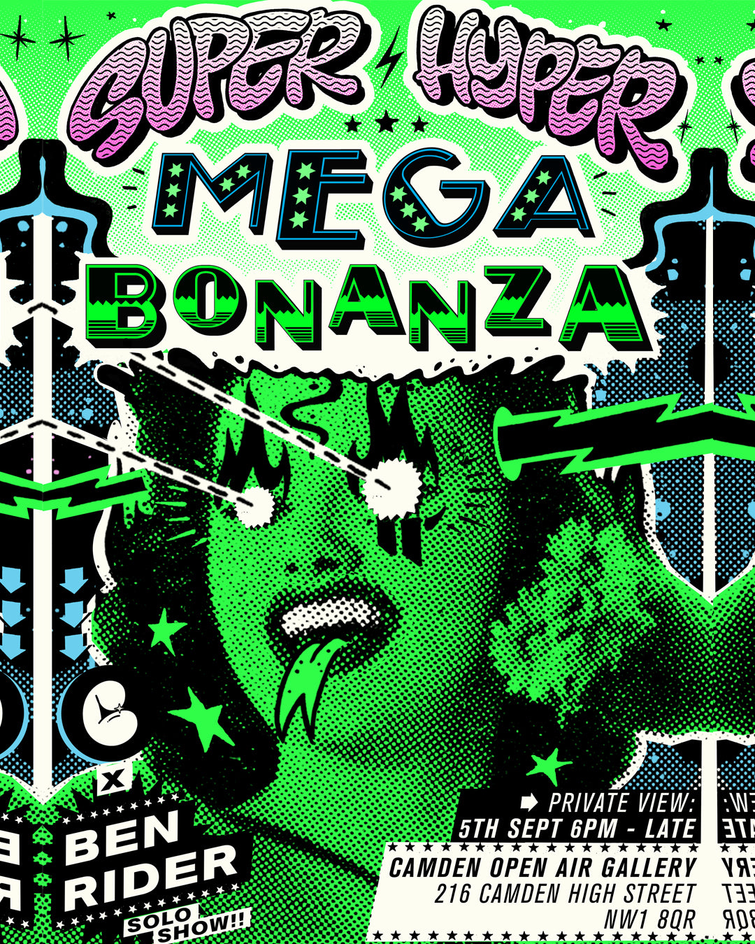 Promotional poster for 'Super Hyper Mega Bonanza' with a stylized face and event details.