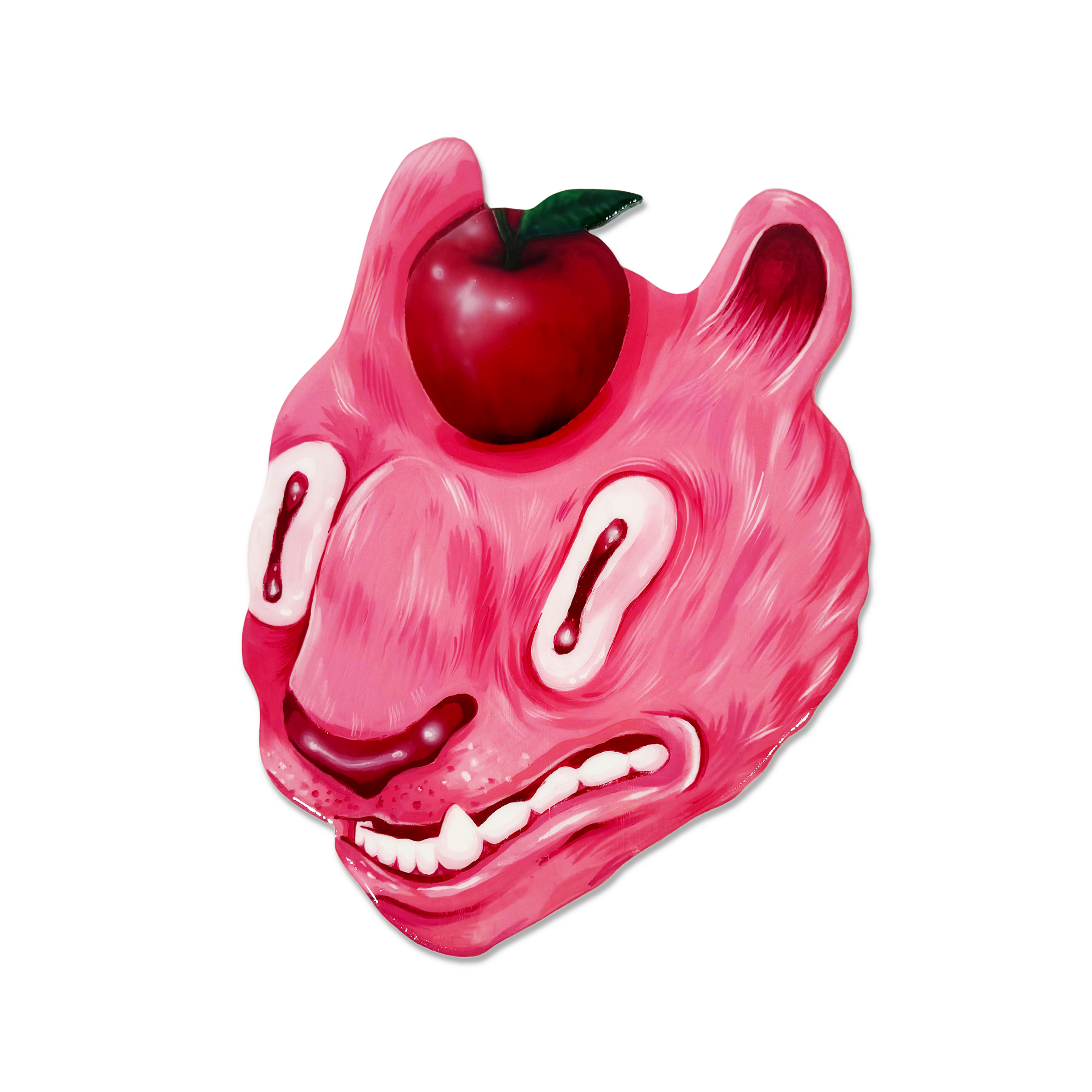 Pink bear head with an apple on head, bright pink and red, Mellor, Camden, street art, fangs, abstract 