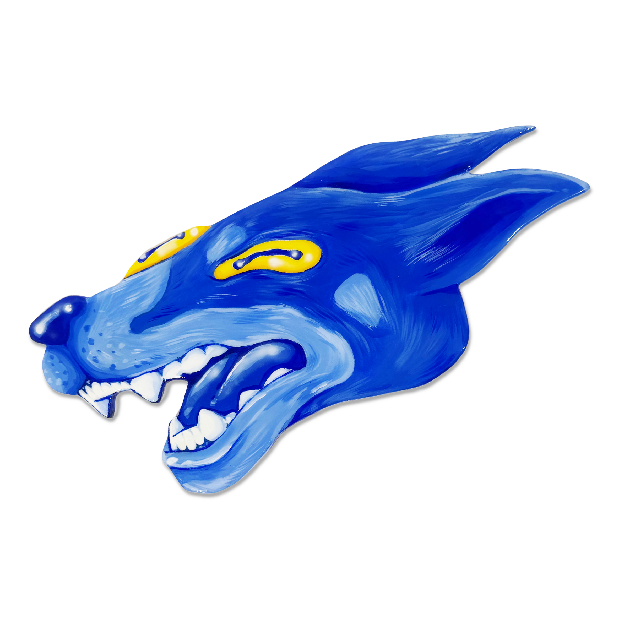 blue and yellow dog head, Mellor, abstract, original, fangs, teeth, graffiti, the dog, wolf, Camden, bright blue 