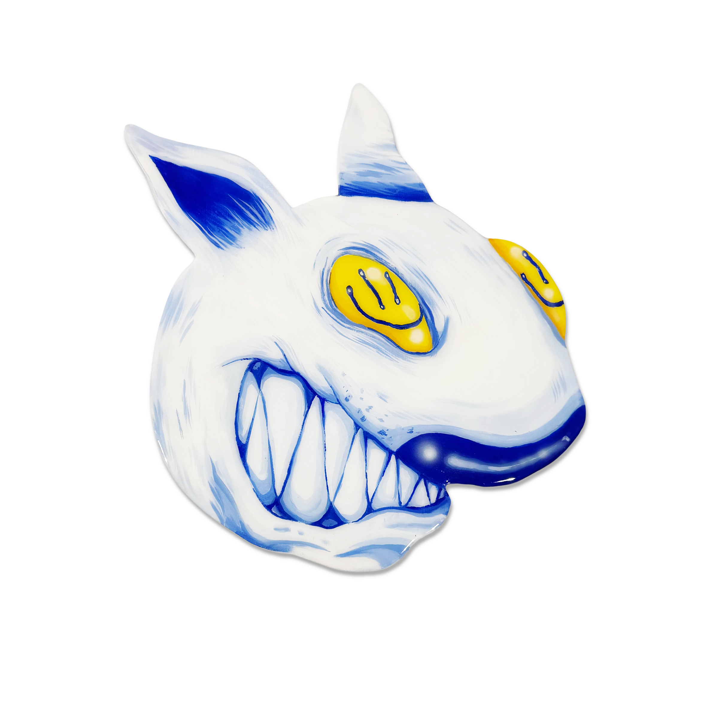 The terrier, dog, big teeth, smiley face on eyes, yellow eyes, blue and white, fur, street art, Mellor, 